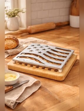 COPCO American Flag Metal Trivet with Bamboo Cooling Board Farmhouse Kitchen Set